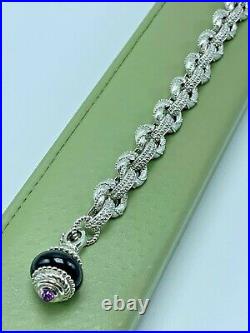 Judith Ripka Sterling Silver 925 Black Onyx Amethyst Charm Link Bracelet Signed