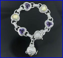 Judith Ripka Sterling Silver CZ Amethyst Mother of Pearl Heart Charm Bracelet