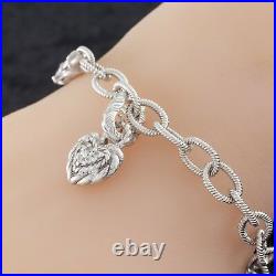 Judith Ripka Sterling Silver Chain Charm Bracelet with Heart CZ Charm 7.25