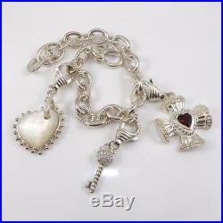 Judith Ripka Sterling Silver Multi Charm Cross Heart Key Bracelet 7.25 LFE3