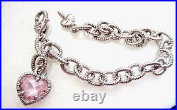 Judith Ripka Sterling Silver Pink Quartz Heart Charm Link Bracelet Sz X-Small