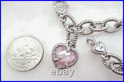 Judith Ripka Sterling Silver Pink Quartz Heart Charm Link Bracelet Sz X-Small