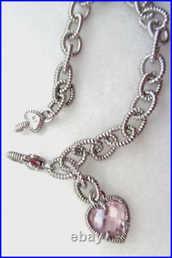 Judith Ripka Sterling Silver Pink Quartz Heart Charm Link Bracelet Sz X-Small