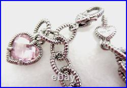 Judith Ripka Sterling Silver Pink Quartz Heart Charm Link Bracelet Sz X-Small