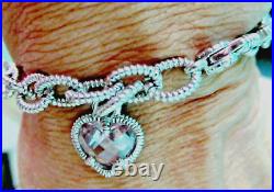 Judith Ripka Sterling Silver Pink Quartz Heart Charm Link Bracelet Sz X-Small