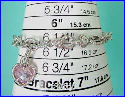 Judith Ripka Sterling Silver Pink Quartz Heart Charm Link Bracelet Sz X-Small