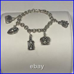 KBN Rolo Charm Bracelet Sterling Silver, 7.5, 43.4 Grams, Rose, Purse, Crown KBN Rolo Charm Bracelet Sterling Silver, 7.5, 43.4 Grams, Rose, Purse, Crown