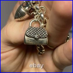 KBN Rolo Charm Bracelet Sterling Silver, 7.5, 43.4 Grams, Rose, Purse, Crown KBN Rolo Charm Bracelet Sterling Silver, 7.5, 43.4 Grams, Rose, Purse, Crown