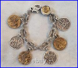 Konstantino Kerma 925 Sterling Silver And Bronze Greek Coin Charm Bracelet 68g