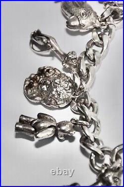 Ladies Vintage 925 Solid Sterling Solid Silver 9 Charm Bracelet & 12 Charms