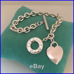 Large 9.25 Tiffany & Co Sterling Silver Blank Heart Tag Toggle Charm Bracelet