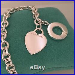Large 9.25 Tiffany & Co Sterling Silver Blank Heart Tag Toggle Charm Bracelet