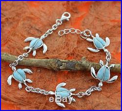 Larimar Turtle Bracelet-Sterling Silver-Sea Honu, Chain, Charm, Cute, Fashion, Gift
