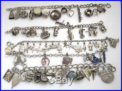 Lot Of 5 Vintage Loaded Sterling Silver Charm Bracelets Movable Enamel Travel