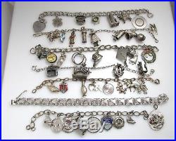 Lot Of 7 Vintage Sterling Silver Charm Bracelets Over 40 Charms Enamel Movable