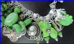 MASSIVE Sterling Silver Genuine Green Turquoise Mexico Charm Bracelet