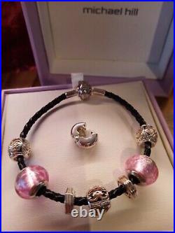 Michael Hill Silver Charm Bracelet Black Leather Rope with 925 & Gold Charm Box