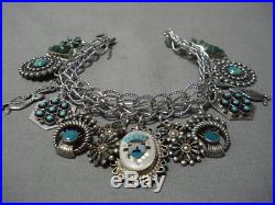 Museum Quality! Vintage Navajo Turquoise Sterling Silver Charm Bracelet Old
