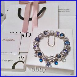 NEW Full Genuine Pandora Silver Sparkling Pave Bracelet + Charms £1300 Blue Ice