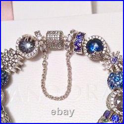 NEW Full Genuine Pandora Silver Sparkling Pave Bracelet + Charms £1300 Blue Ice