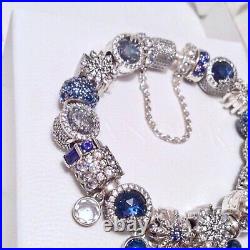 NEW Full Genuine Pandora Silver Sparkling Pave Bracelet + Charms £1300 Blue Ice