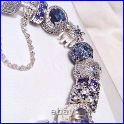 NEW Full Genuine Pandora Silver Sparkling Pave Bracelet + Charms £1300 Blue Ice