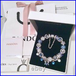 NEW Full Genuine Pandora Silver Sparkling Pave Bracelet + Charms £1300 Blue Ice