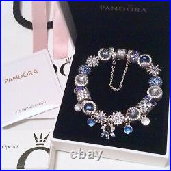 NEW Full Genuine Pandora Silver Sparkling Pave Bracelet + Charms £1300 Blue Ice