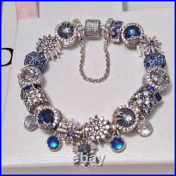 NEW Full Genuine Pandora Silver Sparkling Pave Bracelet + Charms £1300 Blue Ice