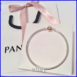 NEW Pandora Silver & 14ct Solid Gold Clasp Moments Charm Bangle Bracelet 21cm