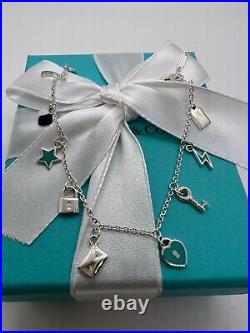 NEW Tiffany & Co. Blue Enamel Charm Bracelet 7.25 in. Large Sterling Silver 925