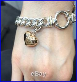 NEW Von Treskow Sterling Silver Curb Bracelet Rose Gold Puffy Heart Charm Bolt
