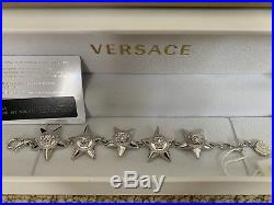 NWT VERSACE Medusa Logo Greek Key Star Charm Silver Tone Line Bracelet with Box