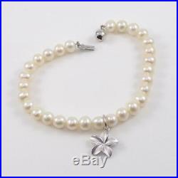 Na Hoku Sterling Silver White Pearl Strand Plumeria Charm Bracelet 7.25 LFD2