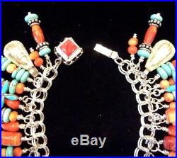 Native American Sterling Silver Turquoise With Spiny Oyster Charm Bracelet