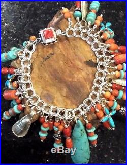 Native American Sterling Silver Turquoise With Spiny Oyster Charm Bracelet