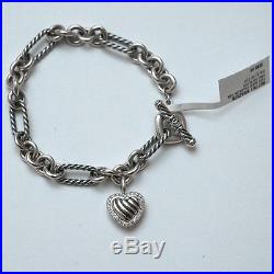 New DAVID YURMAN Pave Heart Charm on Figaro Bracelet Diamond Silver 7.5 $695