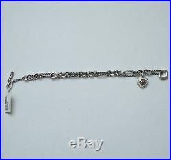 New DAVID YURMAN Pave Heart Charm on Figaro Bracelet Diamond Silver 7.5 NWT