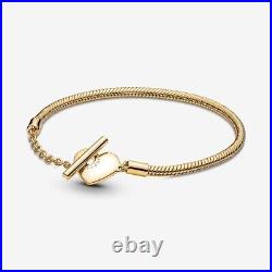 New Genuine Pandora Shine Gold Moments Heart T-Bar Snake Bracelet 569285C00-16cm