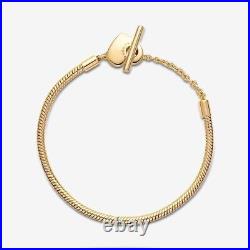 New Genuine Pandora Shine Gold Moments Heart T-Bar Snake Bracelet 569285C00-16cm