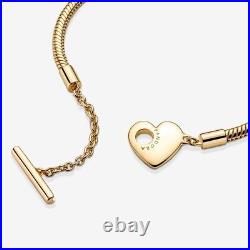 New Genuine Pandora Shine Gold Moments Heart T-Bar Snake Bracelet 569285C00-16cm