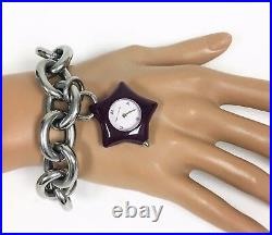 New Marc Jacobs Silver Tone Thick Chain Link, Purple Star Charm Bracelet Watch