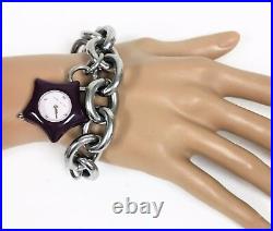 New Marc Jacobs Silver Tone Thick Chain Link, Purple Star Charm Bracelet Watch