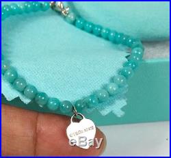 New Return to Tiffany Silver Heart Charm Amazonite Blue Mini Bead Bracelet