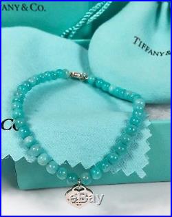 New Return to Tiffany Silver Heart Charm Amazonite Blue Mini Bead Bracelet