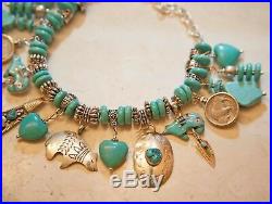 Old Pawn Native American Turquoise Sterling Silver Medicine Bear Charm Bracelet
