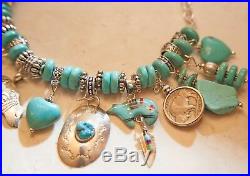 Old Pawn Native American Turquoise Sterling Silver Medicine Bear Charm Bracelet