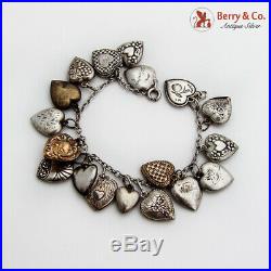 Ornate Puffy Heart Charm Bracelet 18 Charms Sterling Silver
