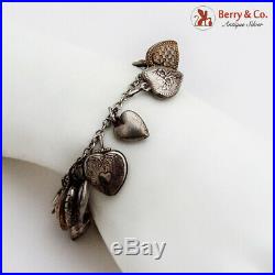 Ornate Puffy Heart Charm Bracelet 18 Charms Sterling Silver