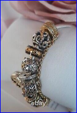 PANDORA 14ct GOLD & SILVER SNAKE CHAIN BRACELET WITH 7 CHARMS +SAFETY CHAIN